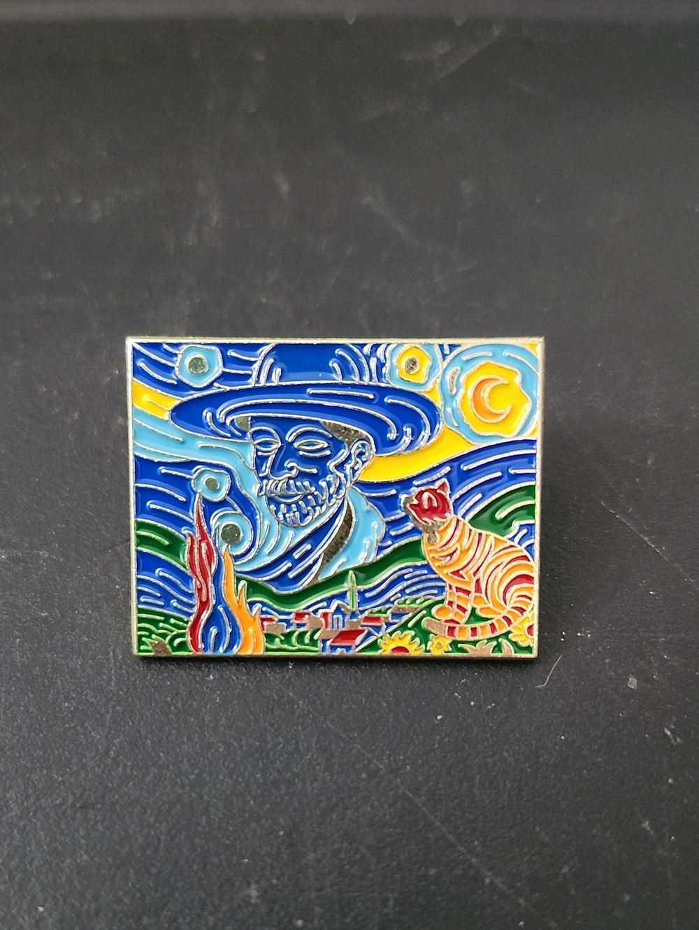 Vincent Van Gogh - Inspired Night Sky Enamel Art Pin with Cat  Blue & Multicolor